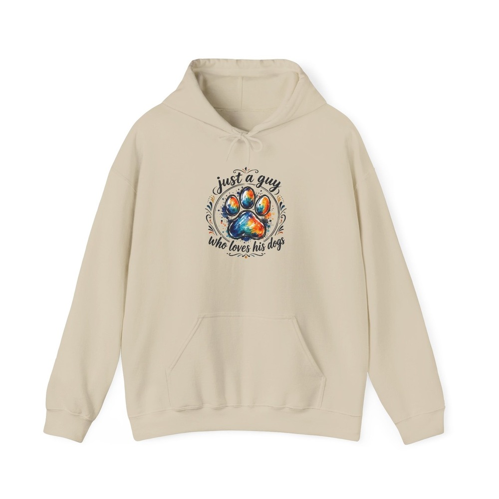 Three Dog Acres Just a Guy Who Loves His Dog Paw Print Hoodie Sand Tan Mens